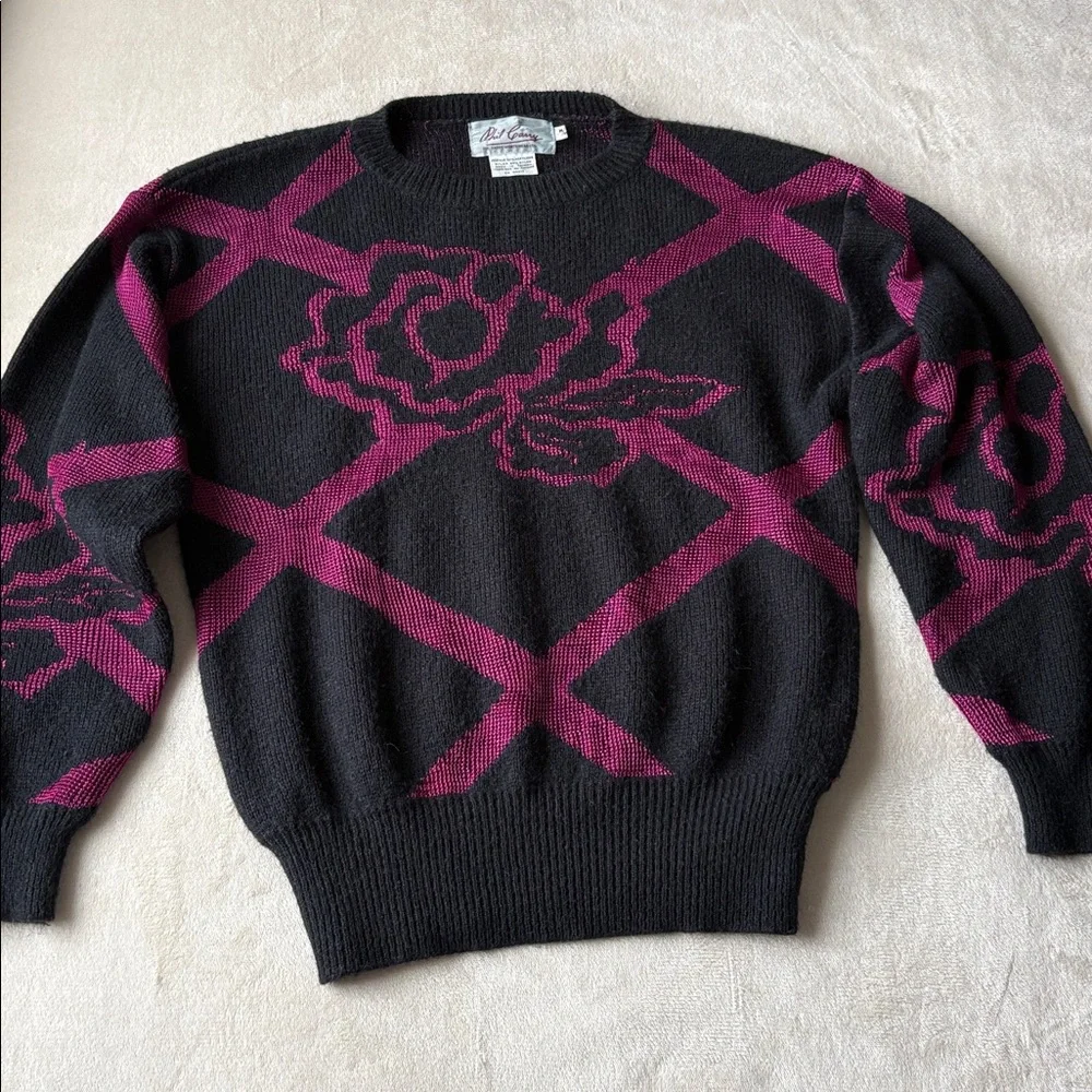 Vintage Phil Carry 1980s Sweater Jumper Acrylic Nylon Medium Black Fuchsia - Picture 2 of 9